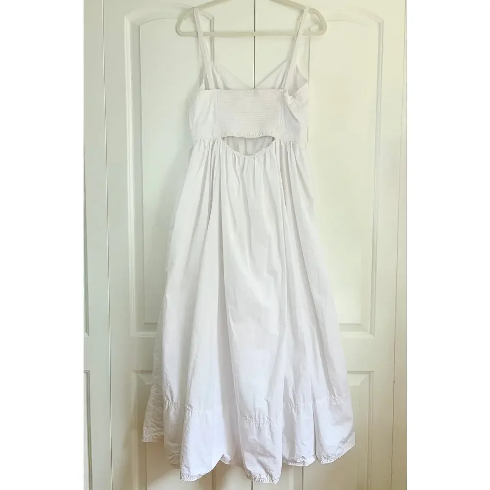 White Cotton Maxi Dress Cutout Empire Waist Pockets Boho Verandah By Vina - Picture 4 of 11